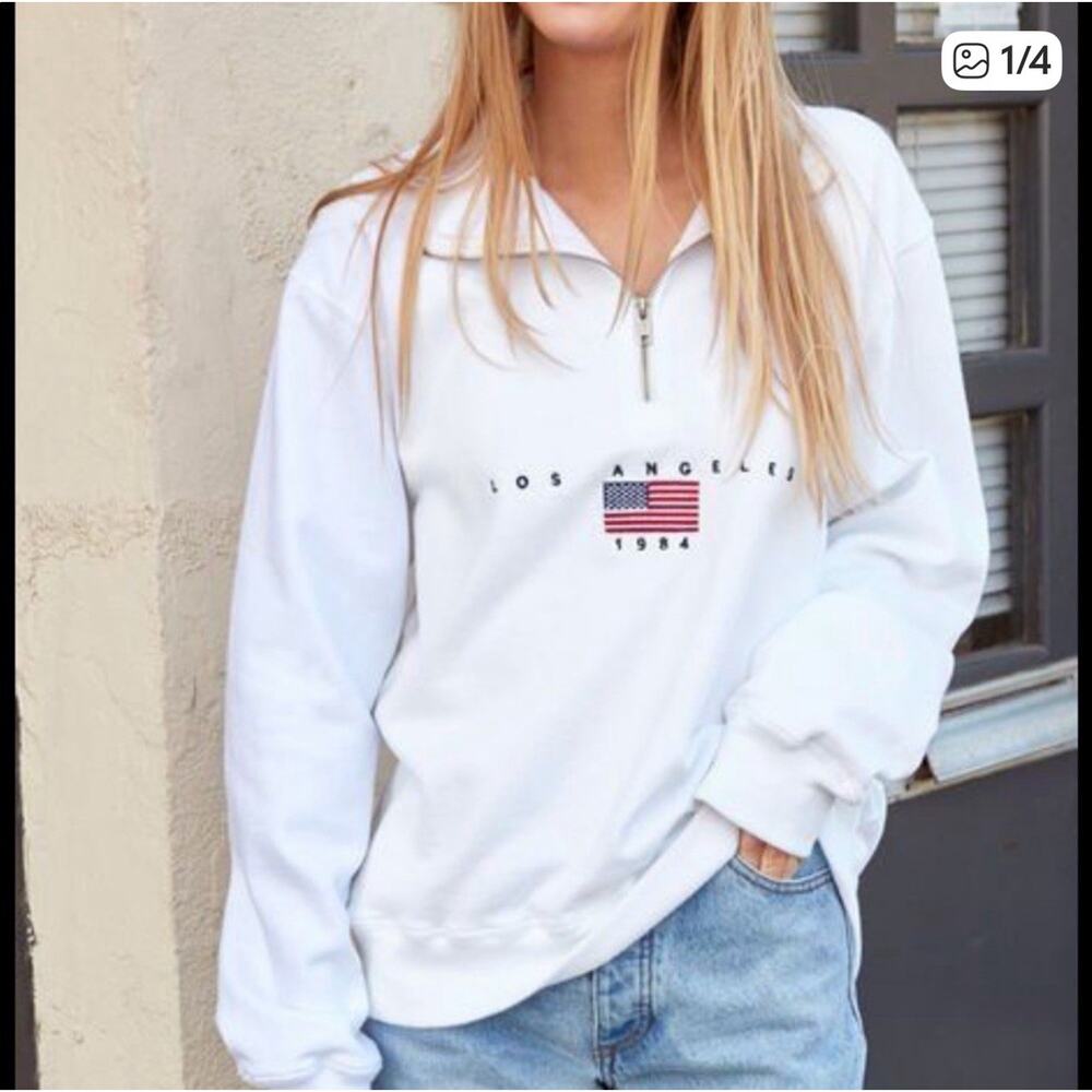 John Galt White 1/4 Zip Sweatshirt Los Angeles 1984 Embroidered Size M Cotton